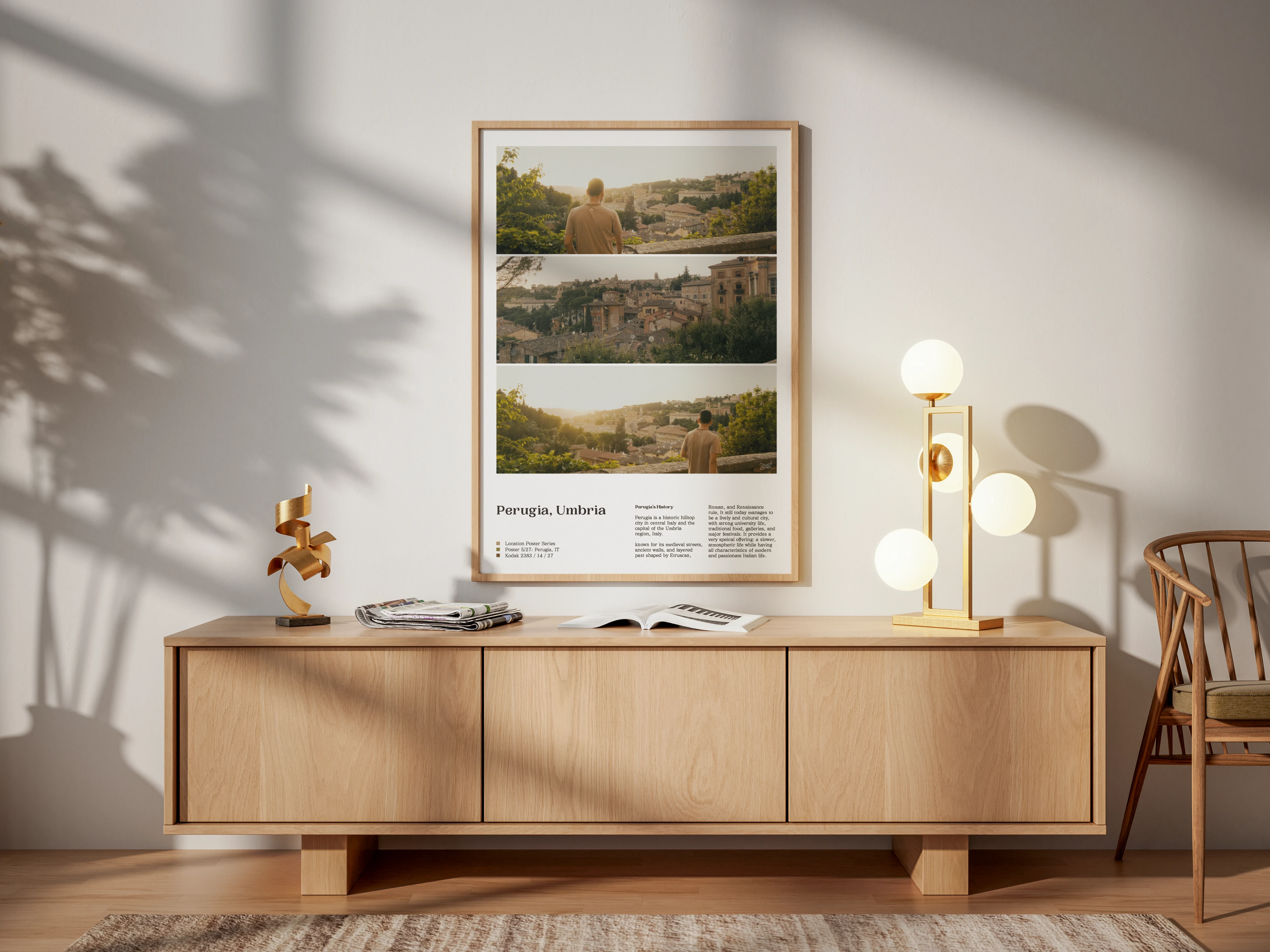 Perugia location poster framed above a dresser in a warm interior